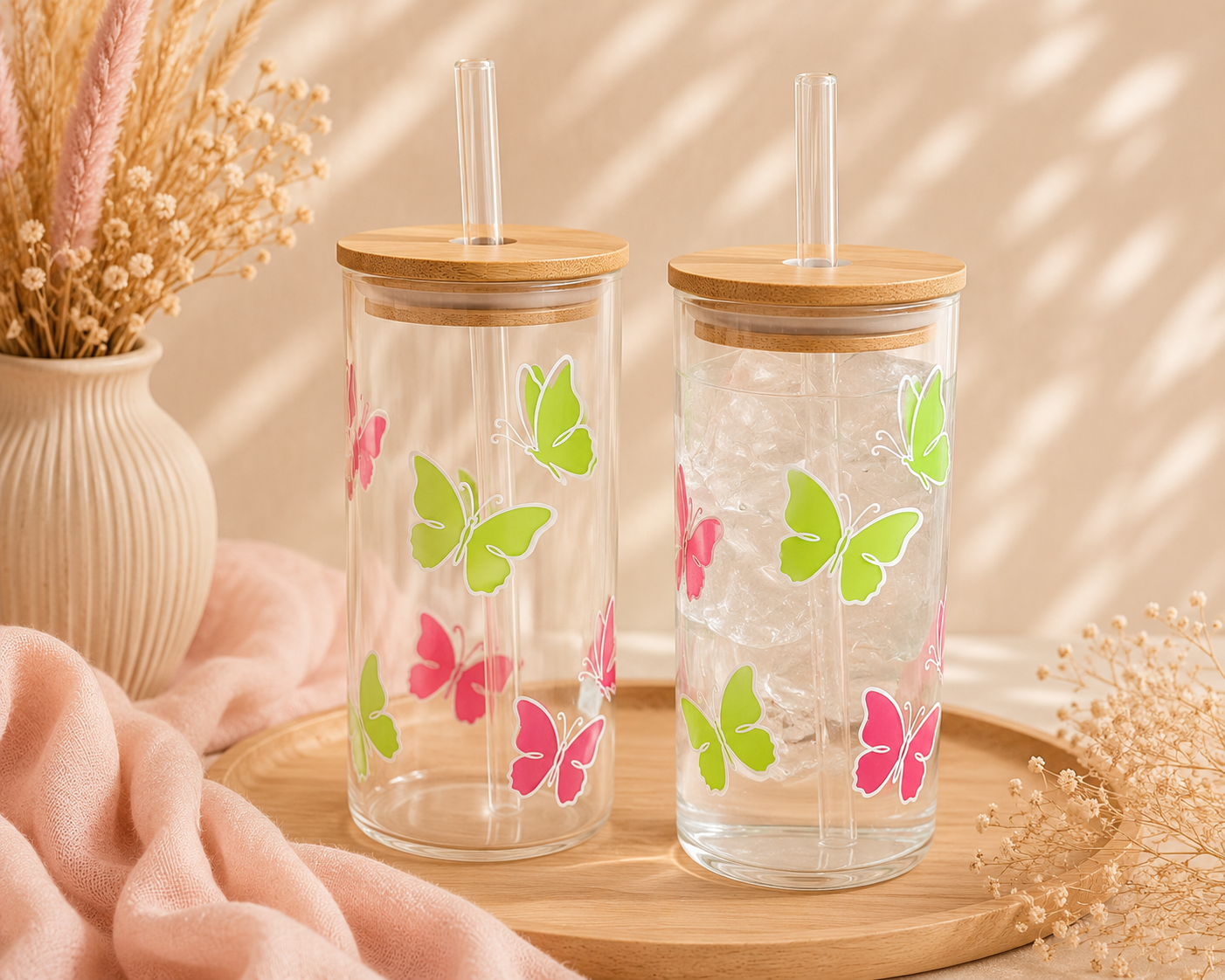 gepersonaliseerde glazen drinkfles, in verschillende designs zo valt jouw drinkbeker extra op