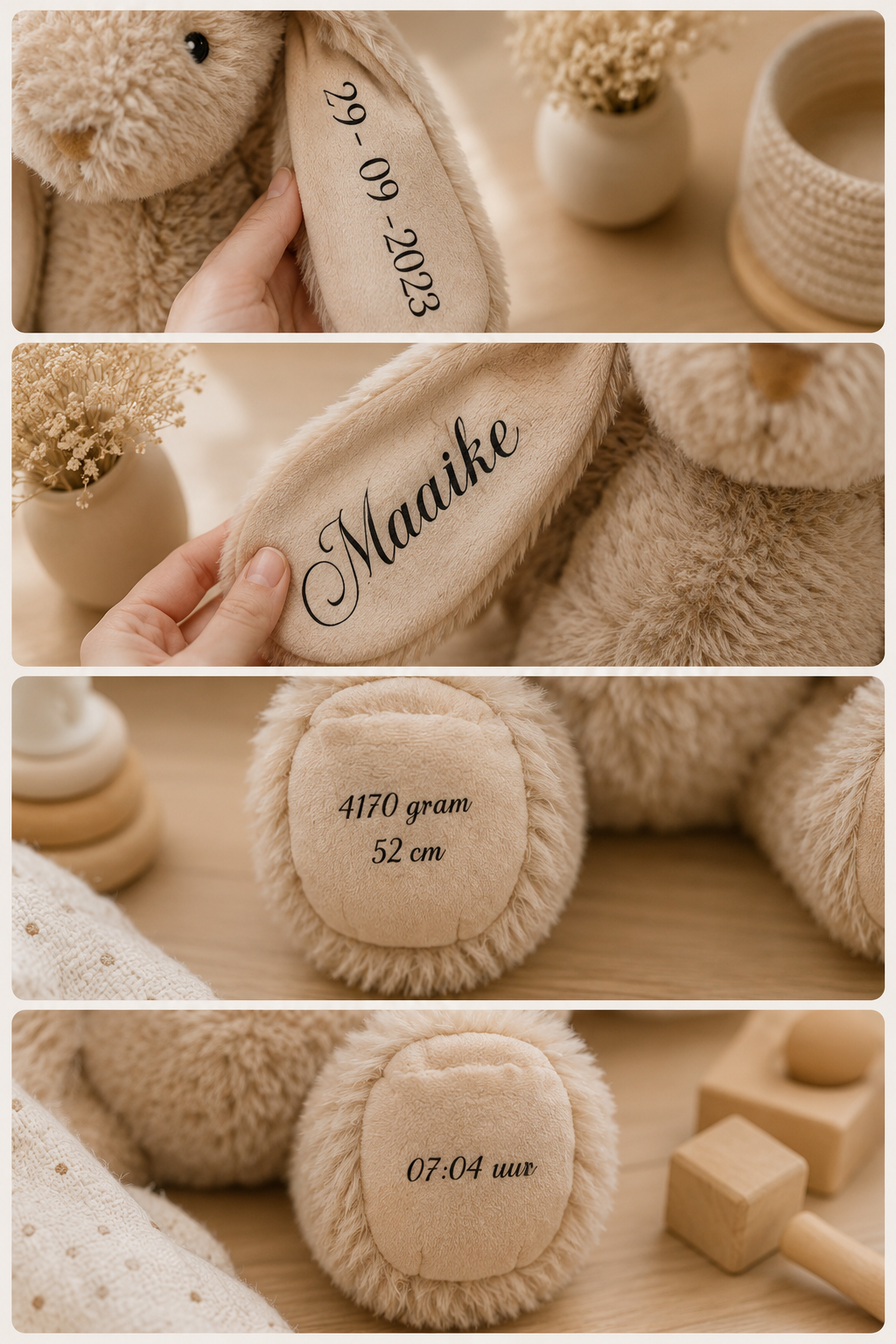 geboorteknuffel, personaliseren met naam, geboortedatum, gewicht, lengte en tijd, kraamcadeau of geboorteherinnering
