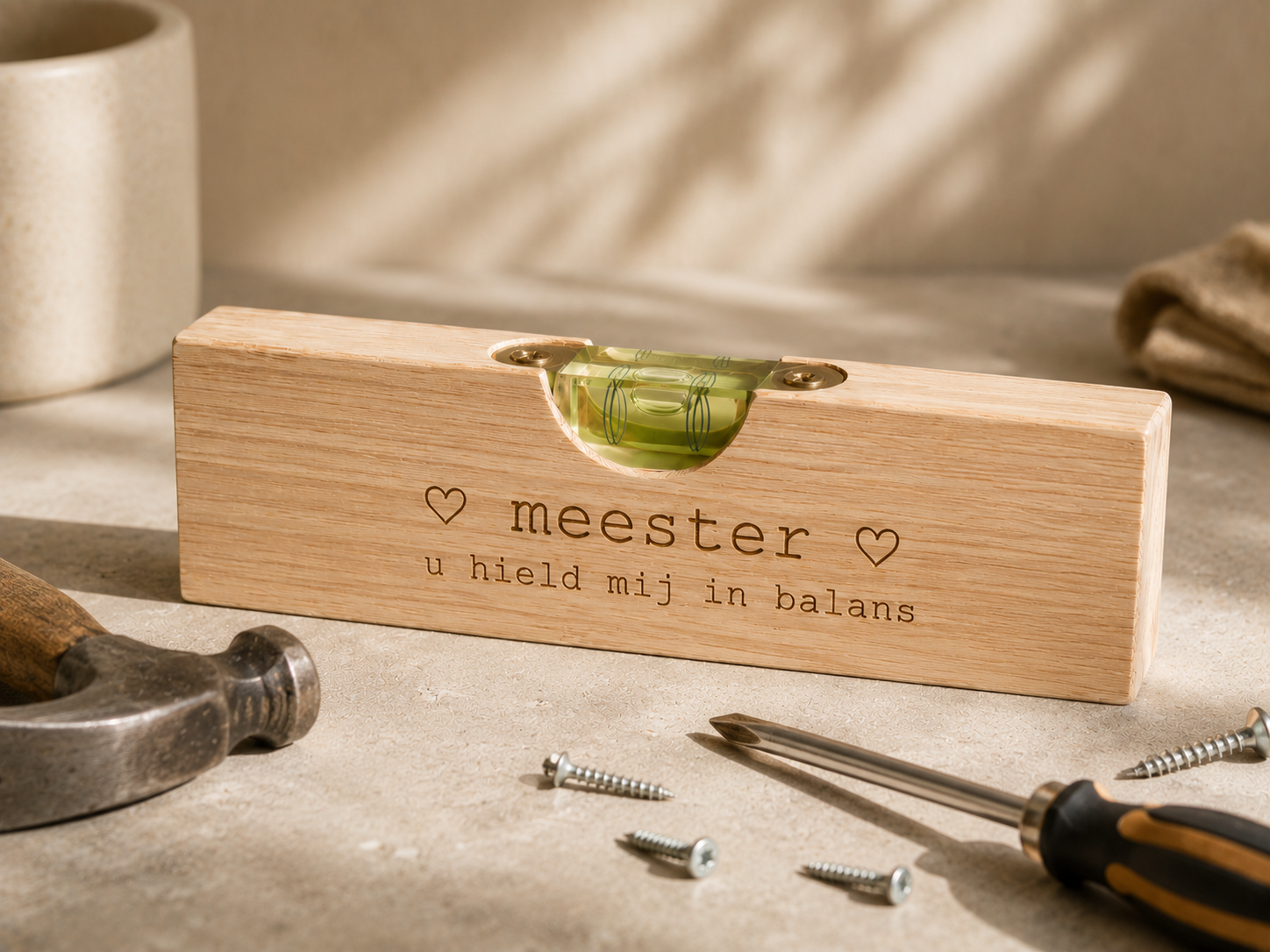waterpas met flesopener bedankt meester afscheid schooljaar cadeau