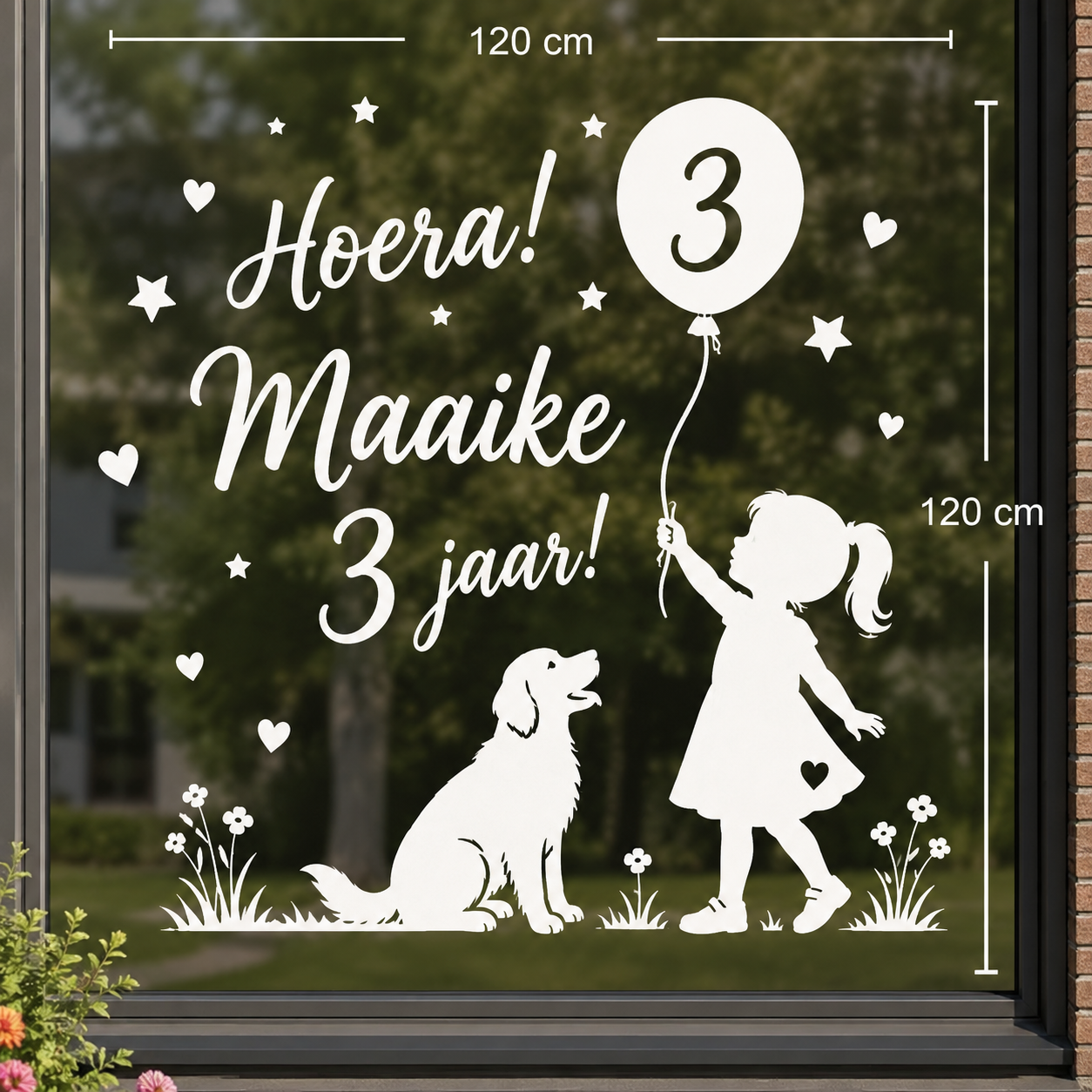 raamsticker groot afmeting tot 1.20 meter 120 cm statische raamfolie, persoonlijk ontwerp, geboorte, verjaardag, jubileum