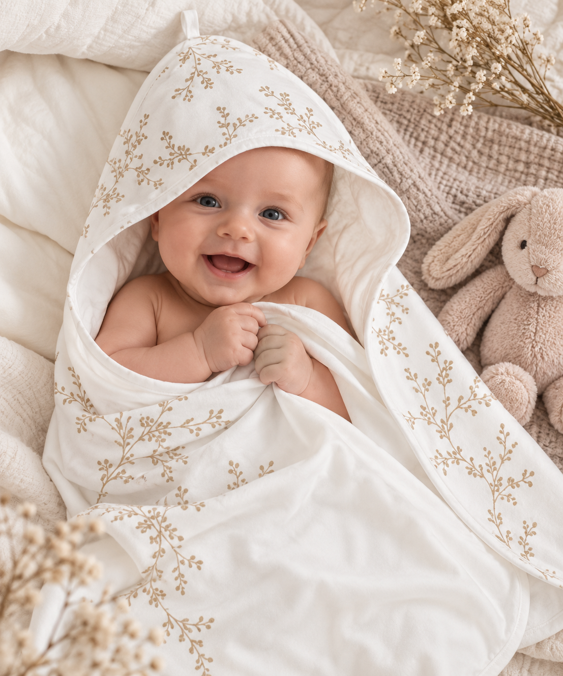 Baby in Meyco badcape Branches Sand, personaliseren met naam