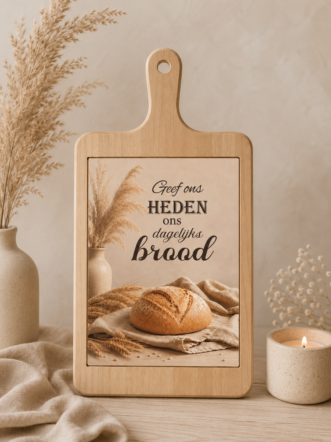 Houten borrelplank met keramische tegel bedrukt met de tekst 'Geef ons heden ons dagelijks brood' en een afbeelding