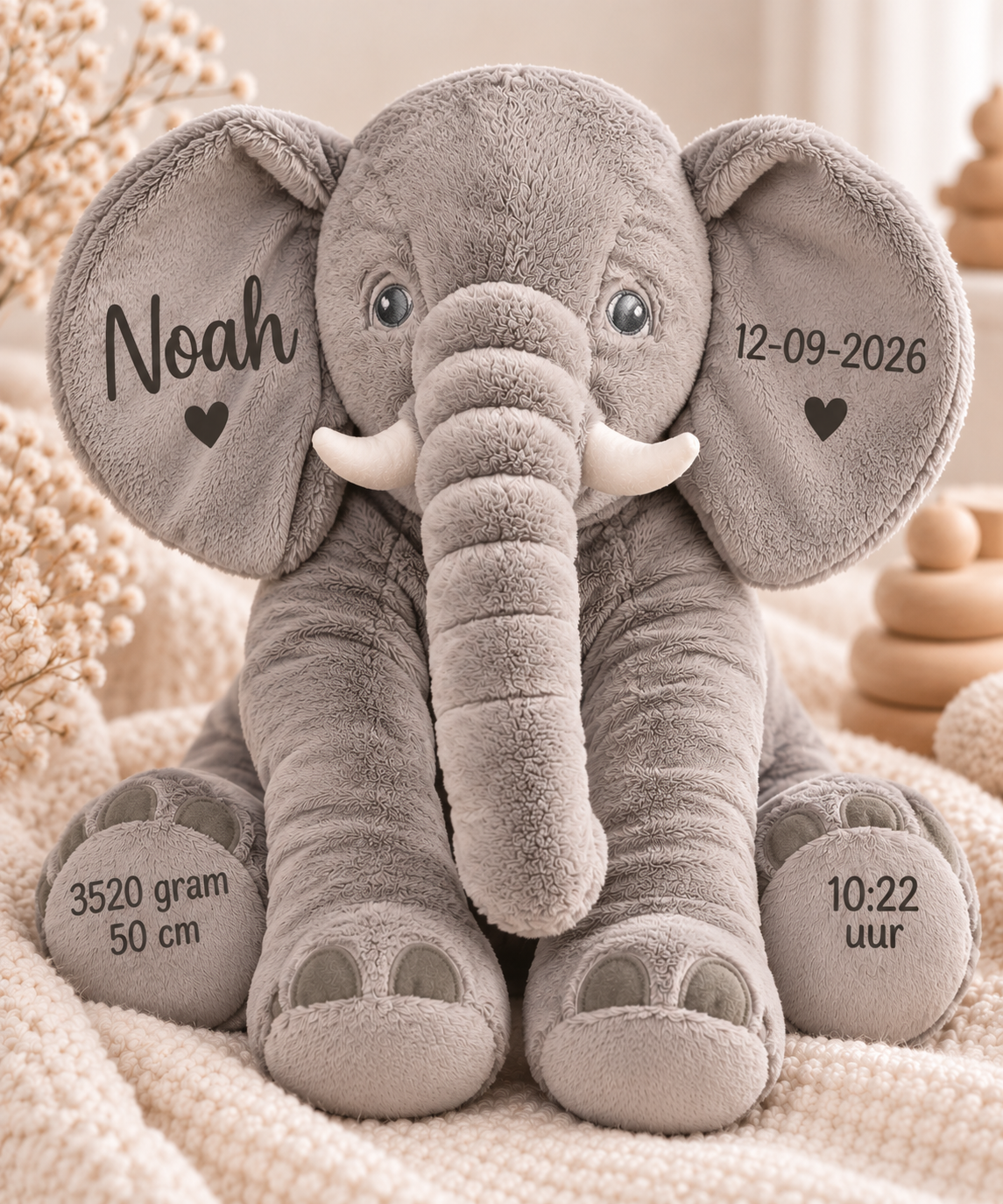 Geboorteknuffel Olifant 60 cm – gepersonaliseerd met geboortegegevens