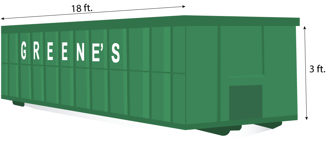 Green dumpster with GREENE'S on its side. It is 18 ft. long and 3 ft. high.