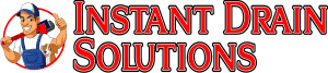 Instant Drain Solutions logo with a cartoon plumber and red text on white background