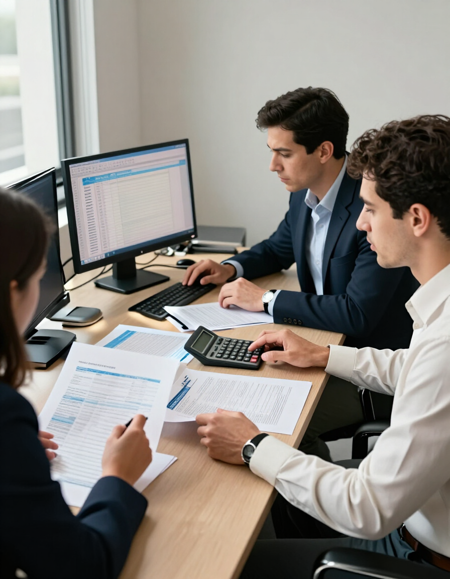 Tres personas revisando hojas de cálculo y una calculadora en un escritorio con un monitor en una oficina.