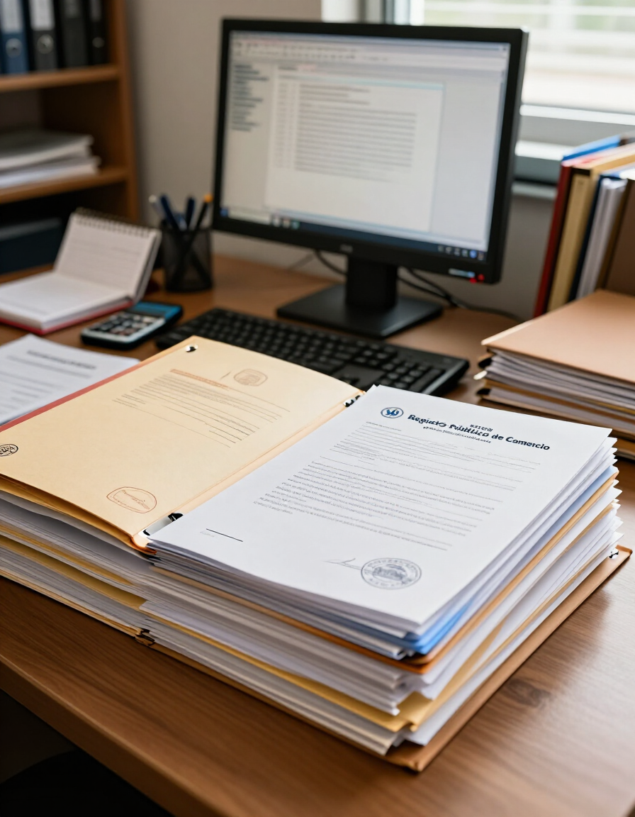 Un cuaderno abierto sobre un escritorio, junto a un monitor de computadora y una pila de papeles en una oficina.