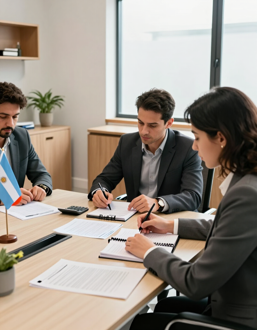 Reunión de negocios con tres colegas tomando notas alrededor de una mesa de conferencias de madera