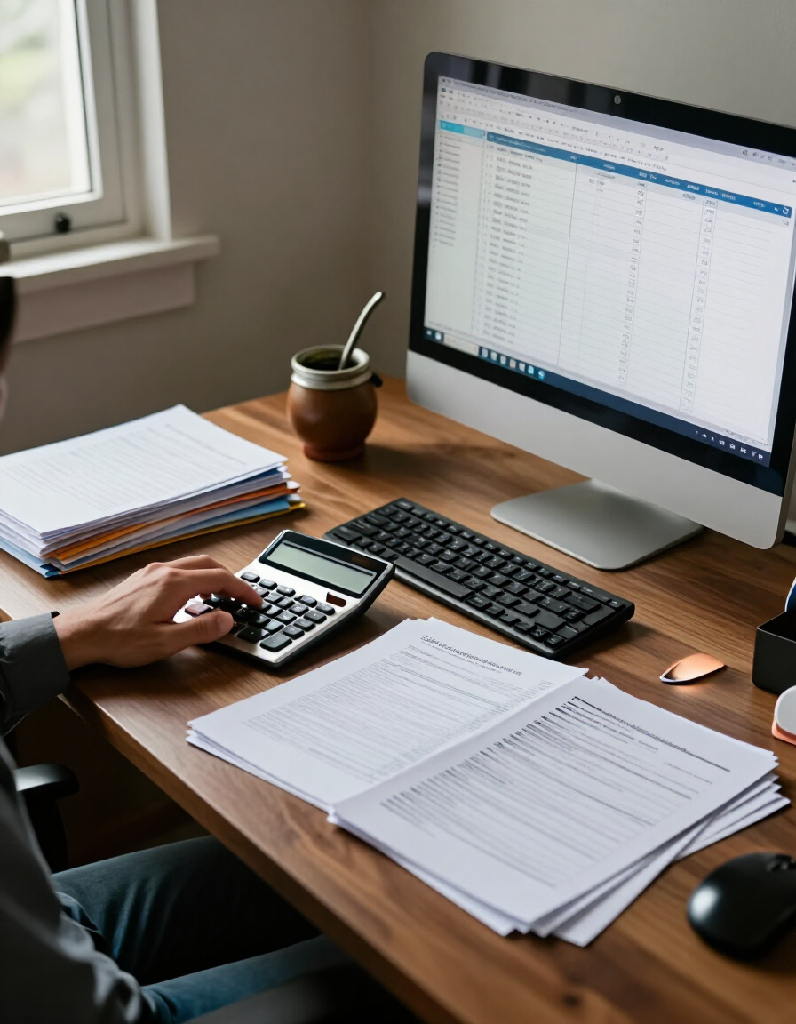 Persona trabajando en un escritorio con papeles, una calculadora, un teclado y un monitor de computadora.