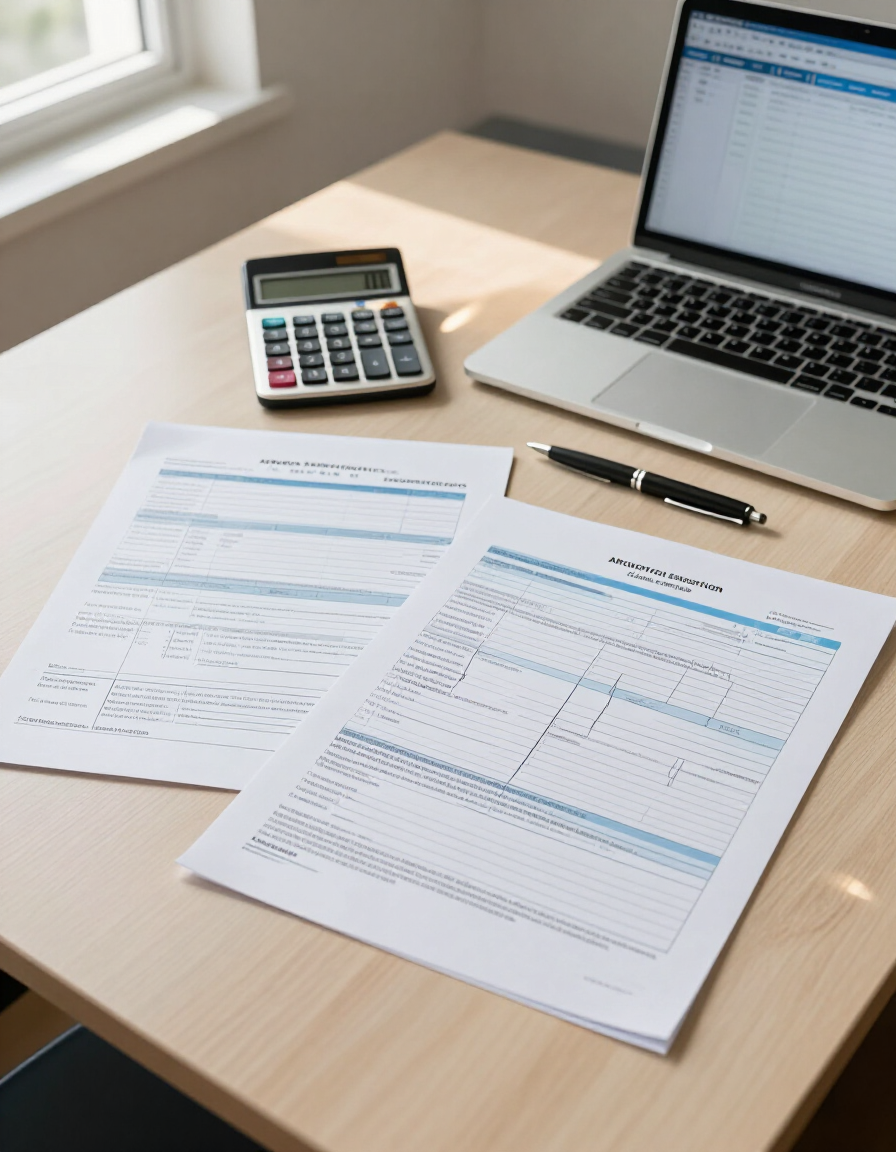 Escritorio con documentos financieros, una calculadora, un bolígrafo y una computadora portátil en una oficina luminosa