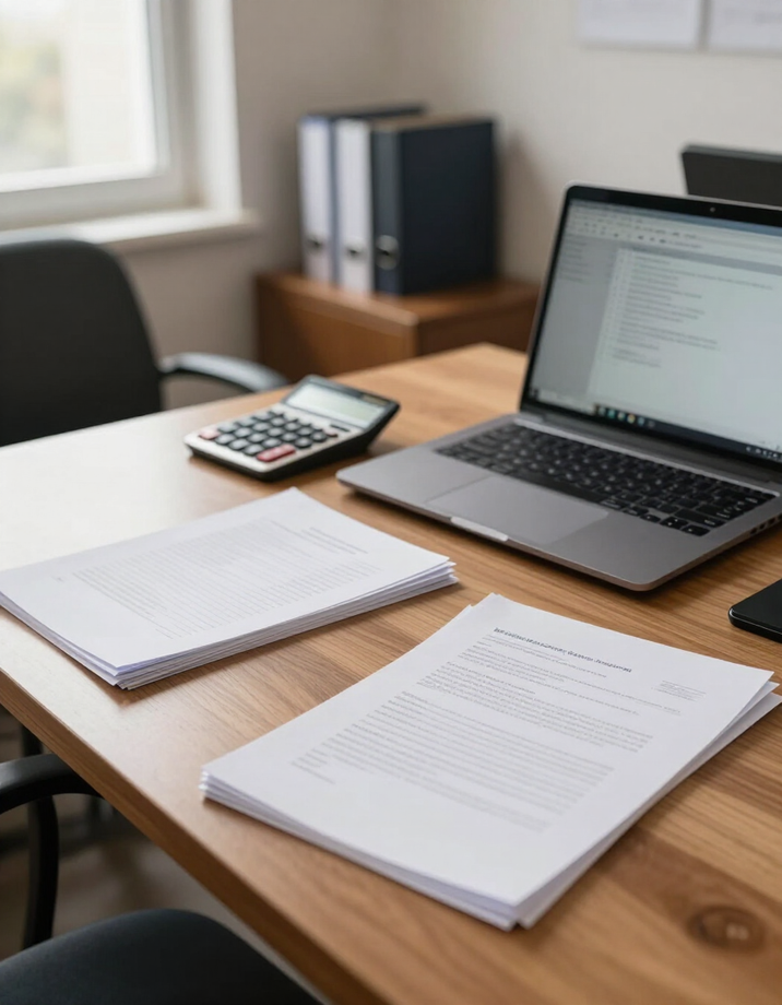 Escritorio con portátil, calculadora, cuadernos y documentos impresos en una oficina luminosa