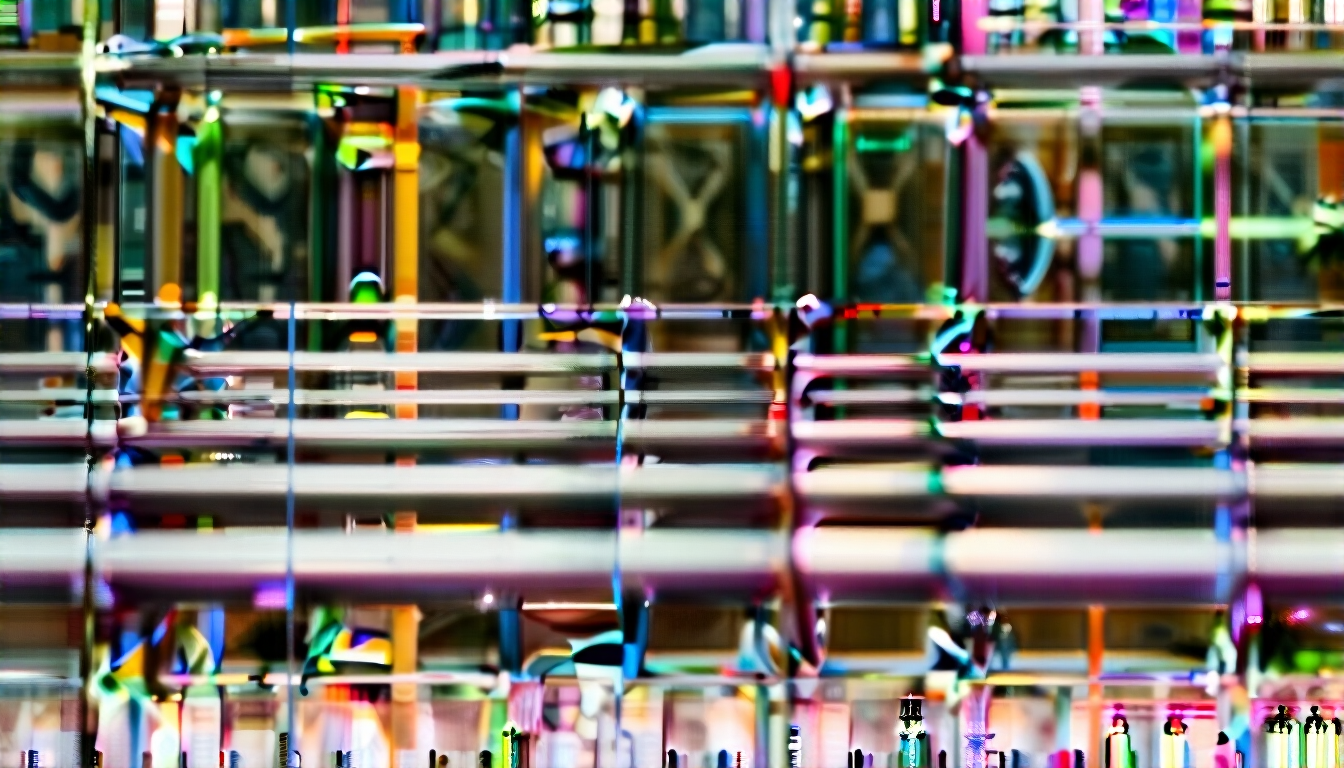 Cuadrícula abstracta y colorida de líneas horizontales y verticales con reflejos metálicos y tonos neón