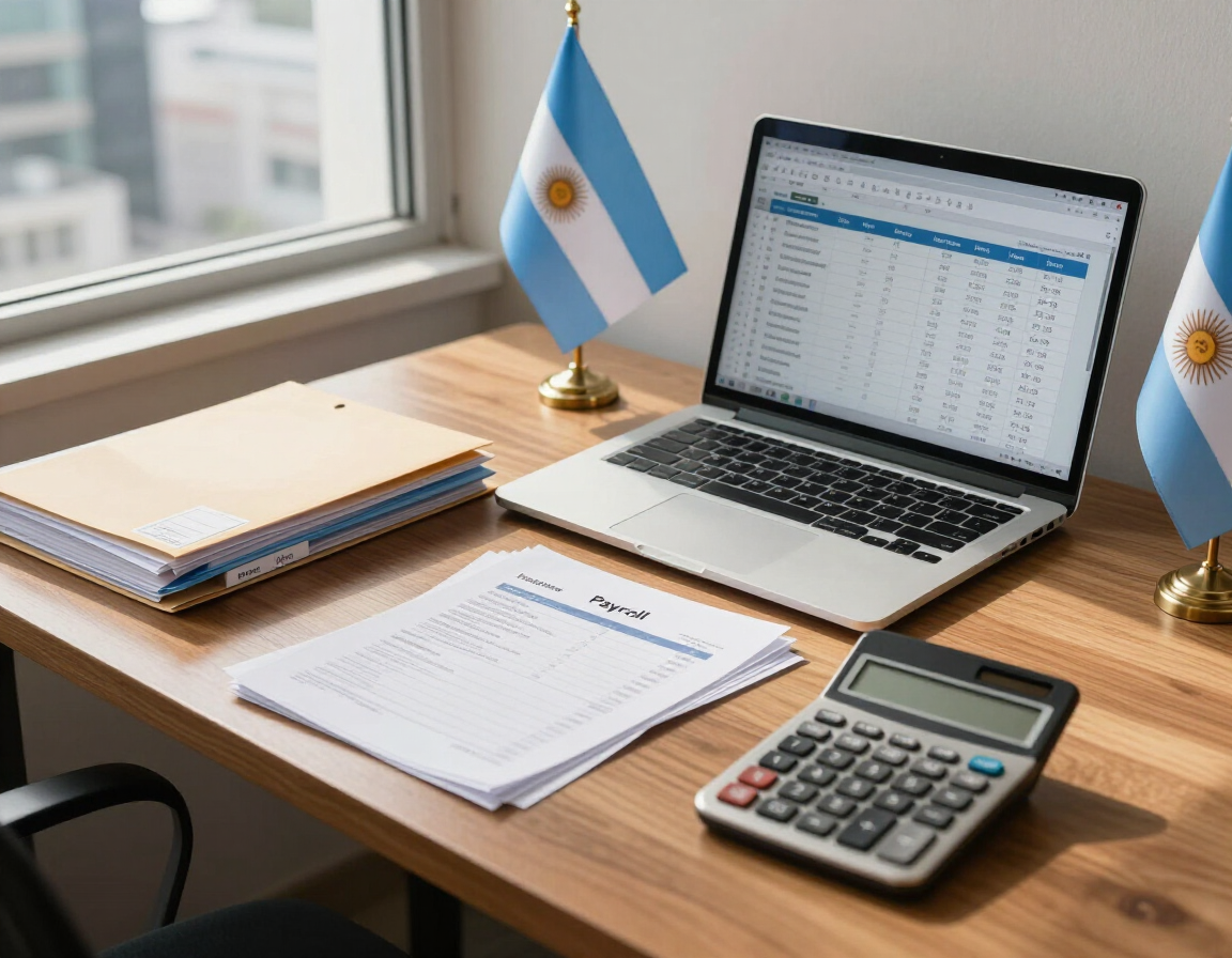 Escritorio junto a una ventana, con una computadora portátil que muestra una hoja de cálculo, una calculadora, documentos.