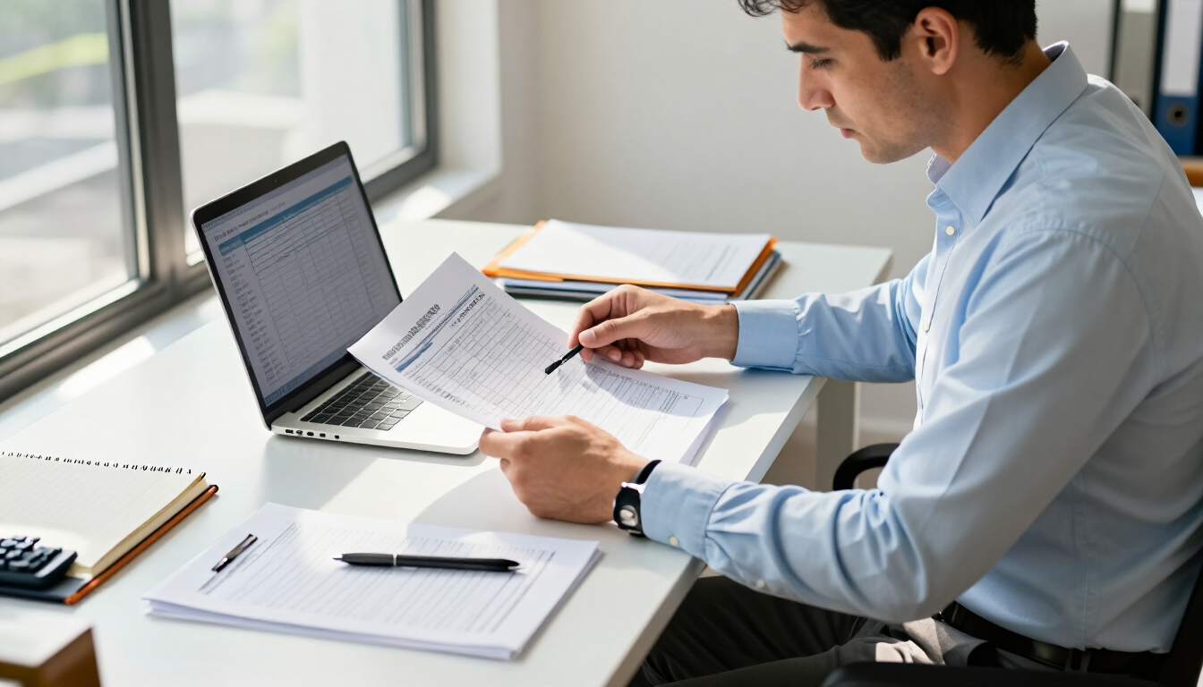 Hombre con camisa azul leyendo unos papeles en un escritorio, con un portátil y un cuaderno junto a una ventana luminosa