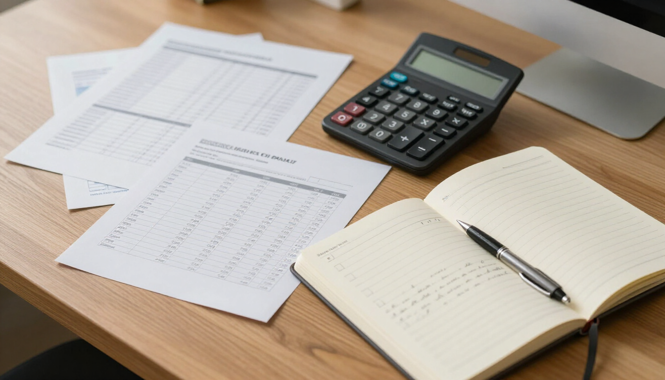 Escritorio con papeles dispersos, una calculadora y un cuaderno abierto con un bolígrafo sobre una mesa de madera.