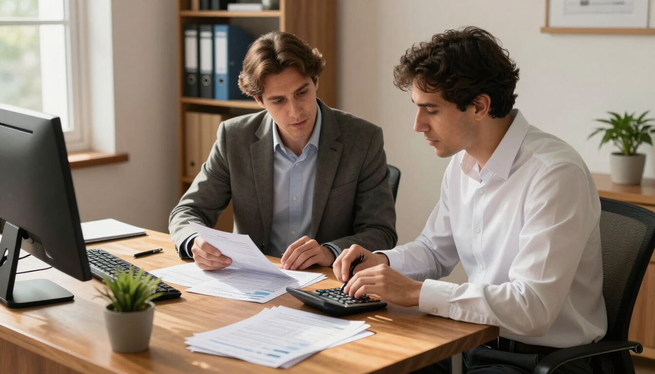 Dos compañeros revisan unos documentos en un escritorio con una calculadora, en una oficina luminosa.