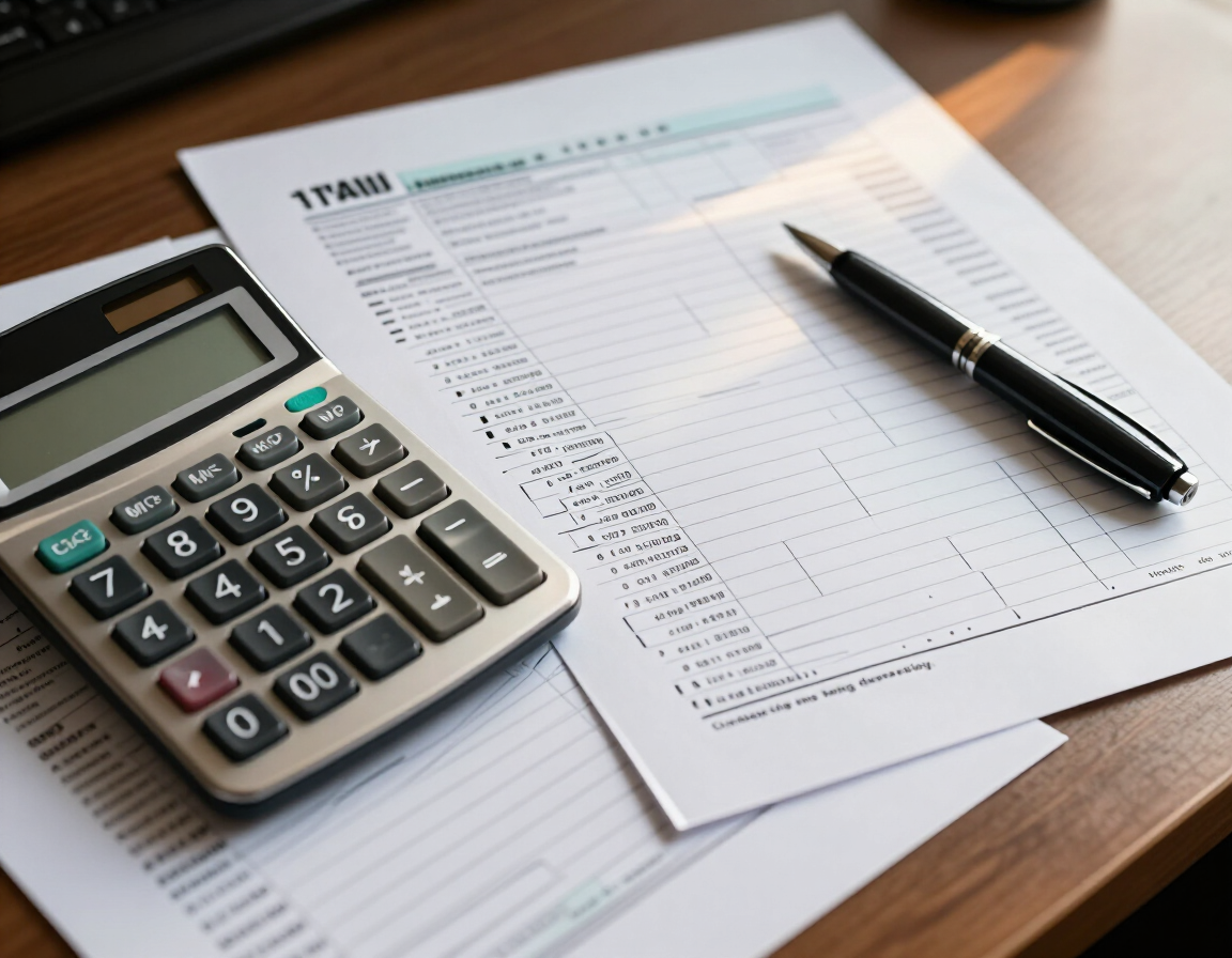 Calculadora y bolígrafo sobre un formulario de impuestos en un escritorio