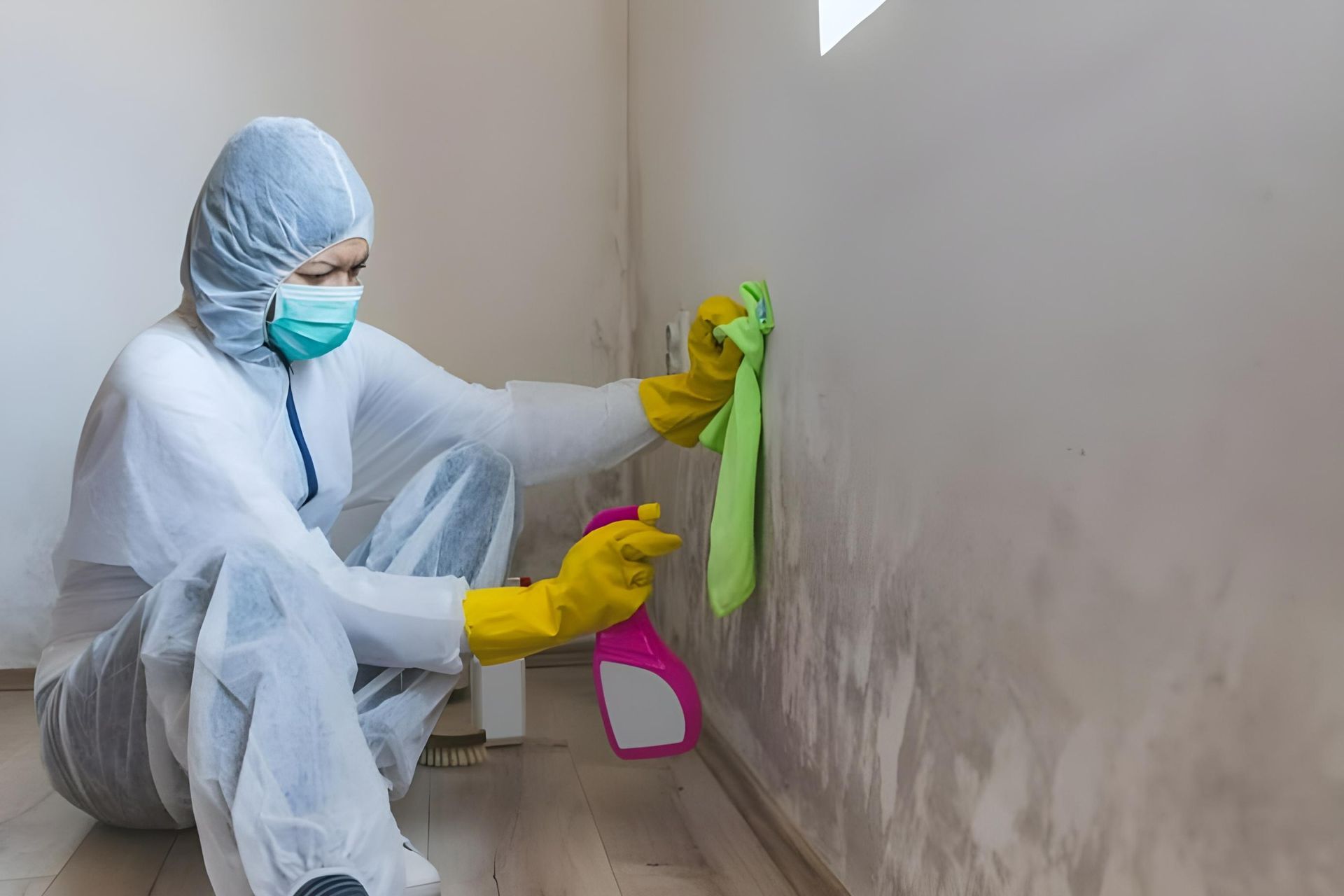A Person in a Protective Suit and Mask is Cleaning a Wall — Husky Demolition In Heatherbrae, NSW