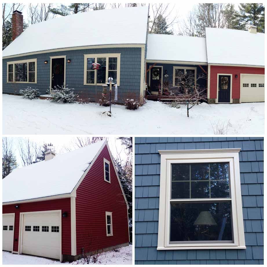 A collage of three pictures of a house and a garage