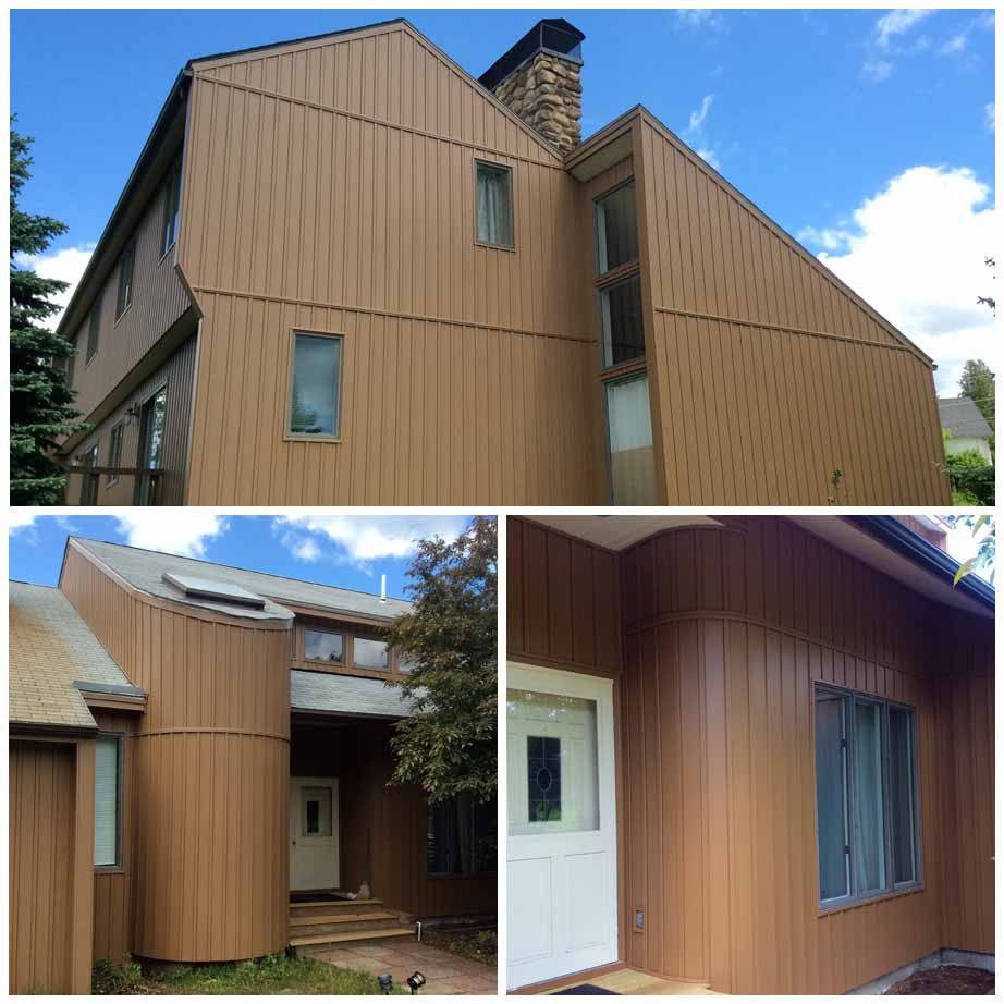A collage of three pictures of a house with wood paneling