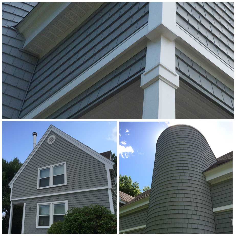 A collage of three pictures of a gray house