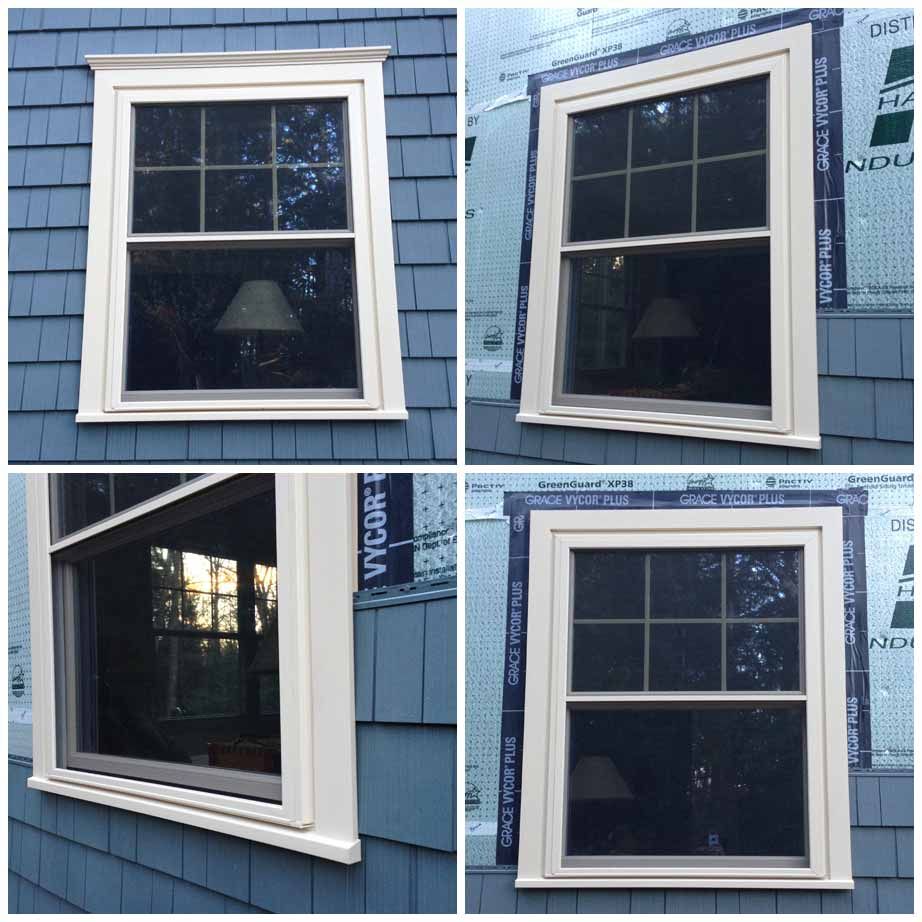 A collage of four pictures of a window installations on a house