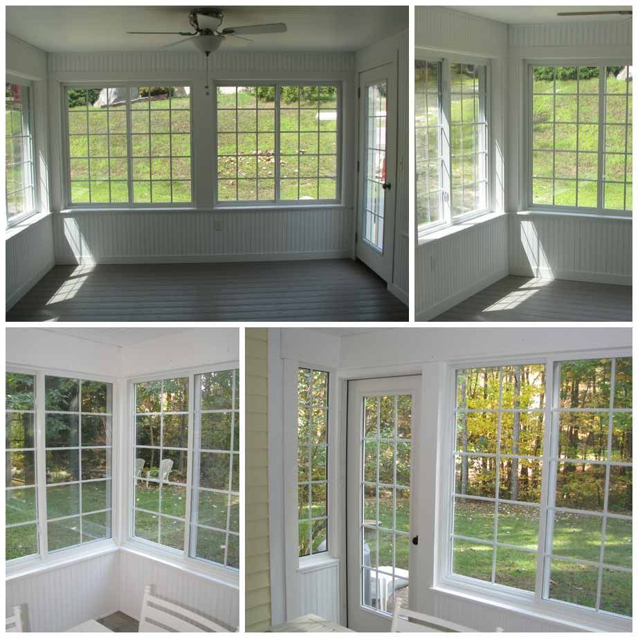 A room with lots of windows and a ceiling fan