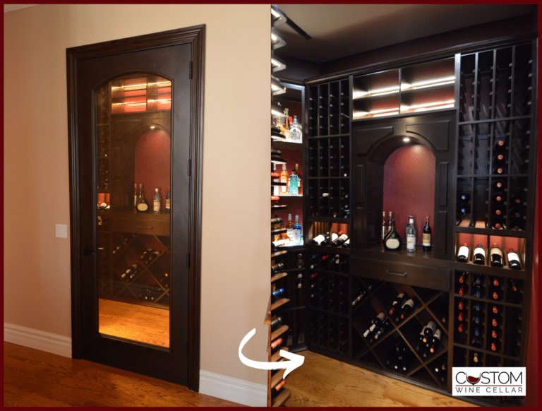 Wood-framed Barolo-style cellar door beside alder wood wine racking