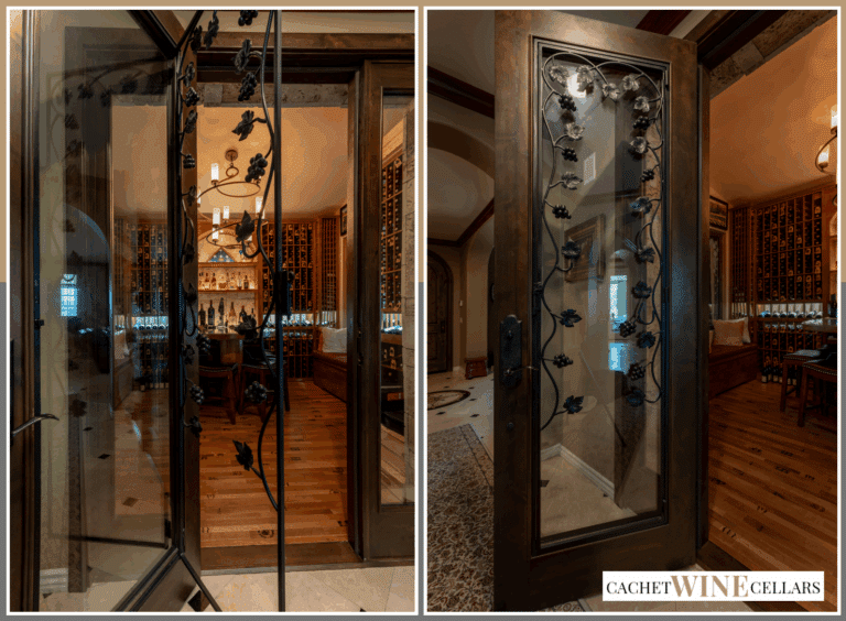 Hinged wine cellar doors closing against a frame in a traditional cellar