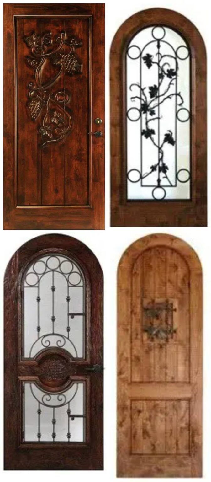 Four decorative wooden arched doors with ornate iron and carved detailing