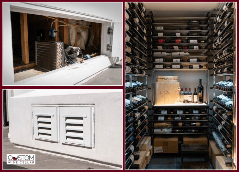 Custom home-built wall cabinet with hidden sliding shelves and a louvered wall vent in a room.