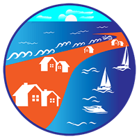 a logo for mission beach villas with a house and palm trees
