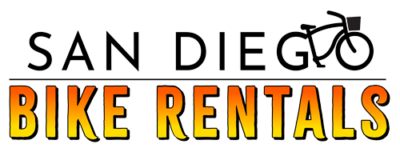 The logo for san diego bike rentals has a picture of a bicycle on it.