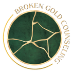 Broken Gold Counselling logo with green cracked circle and gold text around it