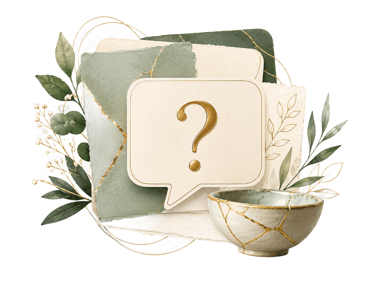 Gold question mark on layered green and cream abstract shapes with leaves and a bowl, minimalist design