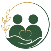 Green and gold logo of two abstract people with a heart and supportive hand within a circular leaf design