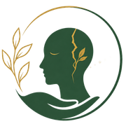 Stylized green profile with gold leaf vein and hand, encircled by a gold-and-green ring