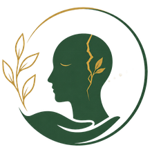 Stylized green profile with gold leaf vein and hand, encircled by a gold-and-green ring