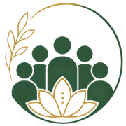 Green group icon with six figures and white lotus, framed by gold and green leaves.