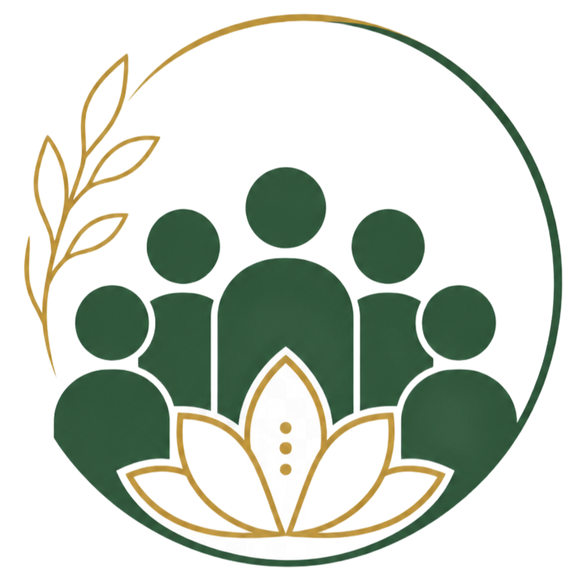Green group icon with six figures and white lotus, framed by gold and green leaves.