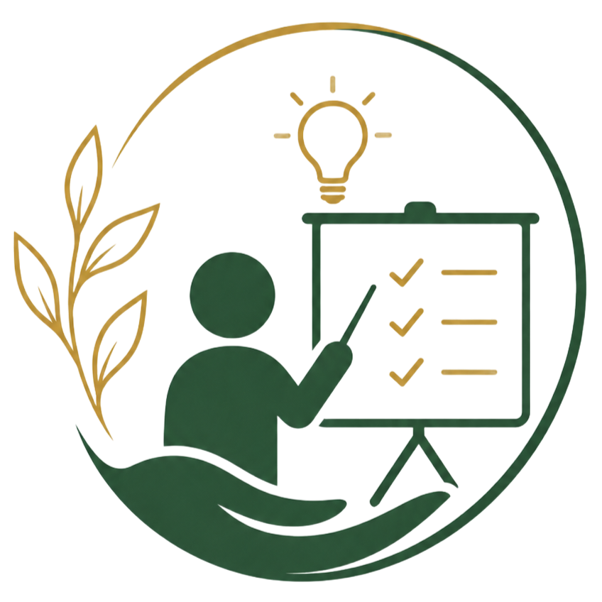 Green icon of a person presenting a checklist beside a lightbulb and leaf symbol inside a circle