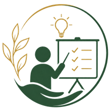 Green icon of a presenter pointing at a checklist board with a lightbulb and leaf motif