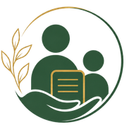 Green and gold logo of two people with a document in a circle, framed by a hand and leaves