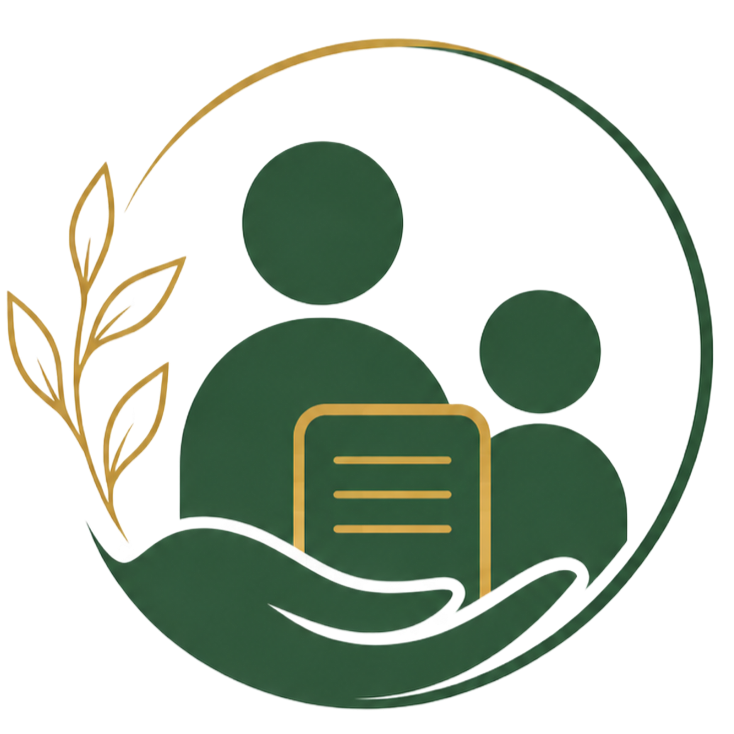 Green and gold logo of two people with a document in a circle, framed by a hand and leaves