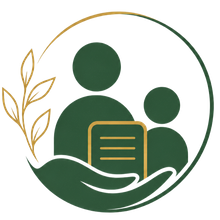 Green and gold logo of two people above an open book, framed by leaves and a circular line