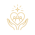 Gold line art of hands cupping a heart with three people and a sparkle above