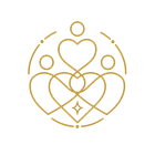 Gold abstract logo of three linked hearts with small circles inside a thin circular outline