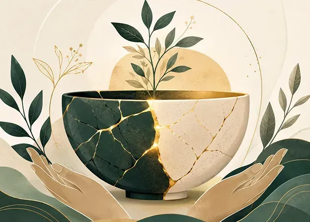 Cracked gold-and-green bowl with leaves and abstract floral decor on a cream background