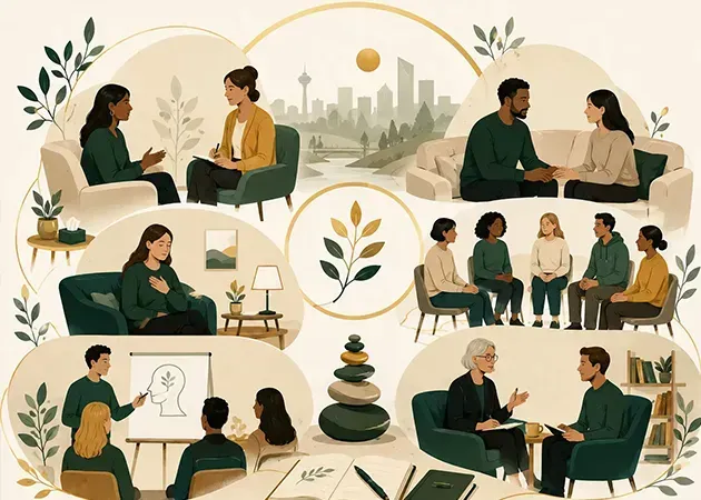 People in supportive conversations and activities across scenes, with a calm city backdrop and warm earthy tones