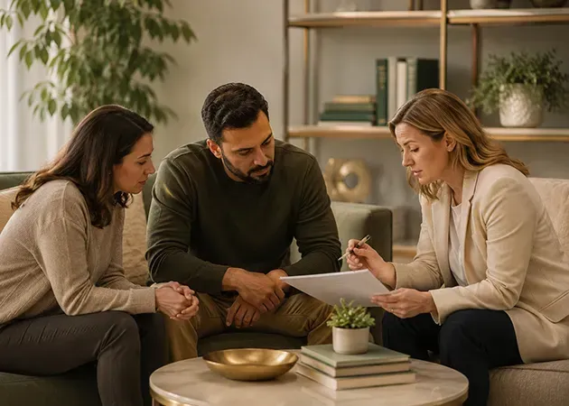 Three people discussing documents around a coffee table in a cozy living room